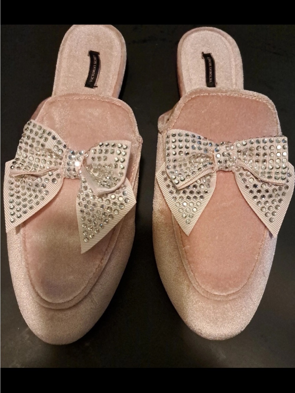 S Victoria’s Secret pink Velvet sparkle Bow Embellished Slide Mules slippers NEW